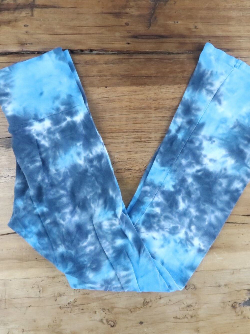 URBAN X  BLUE WHITE & GREY TIE DYE FOLD OVER FLARE YOGA LEGGINGS SIZE SMALL